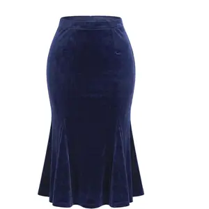 Allegra K Women's Feminine Retro Bodycon High Waist Velvet Fishtail Skirt Dark Blue Medium