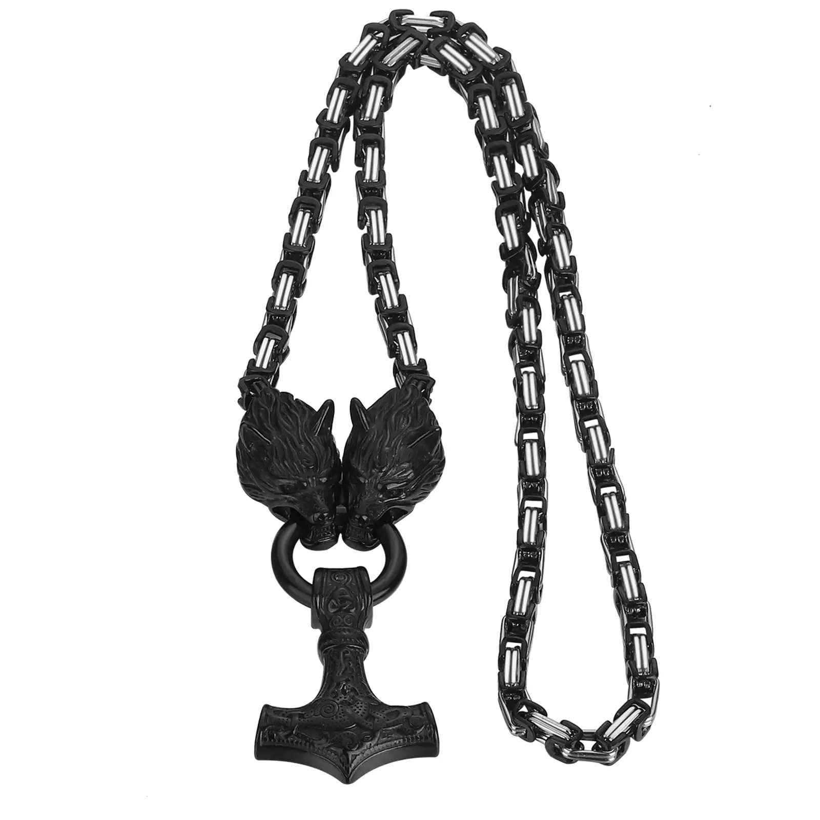 Men's Stainless Steel Viking Mjolnir Hammer Charm Necklace - 22-in Wolf King & Link Chain Norse Pagan Amulet, Durable Metal Necklaces, Men's Jewelry, Costume Jewelry Accessory Gift for Boyfriend summerwins, Stainless Steel Necklaces