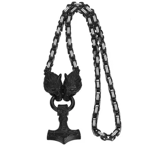 Stainless Steel Viking Mjolnir Hammer Charm Necklace, 22-in Wolf King Chain & Link Chains, Norse Pagan Amulet, Men's Costume Jewelry Accessory Gift for Boyfriend summerwins,summerwins