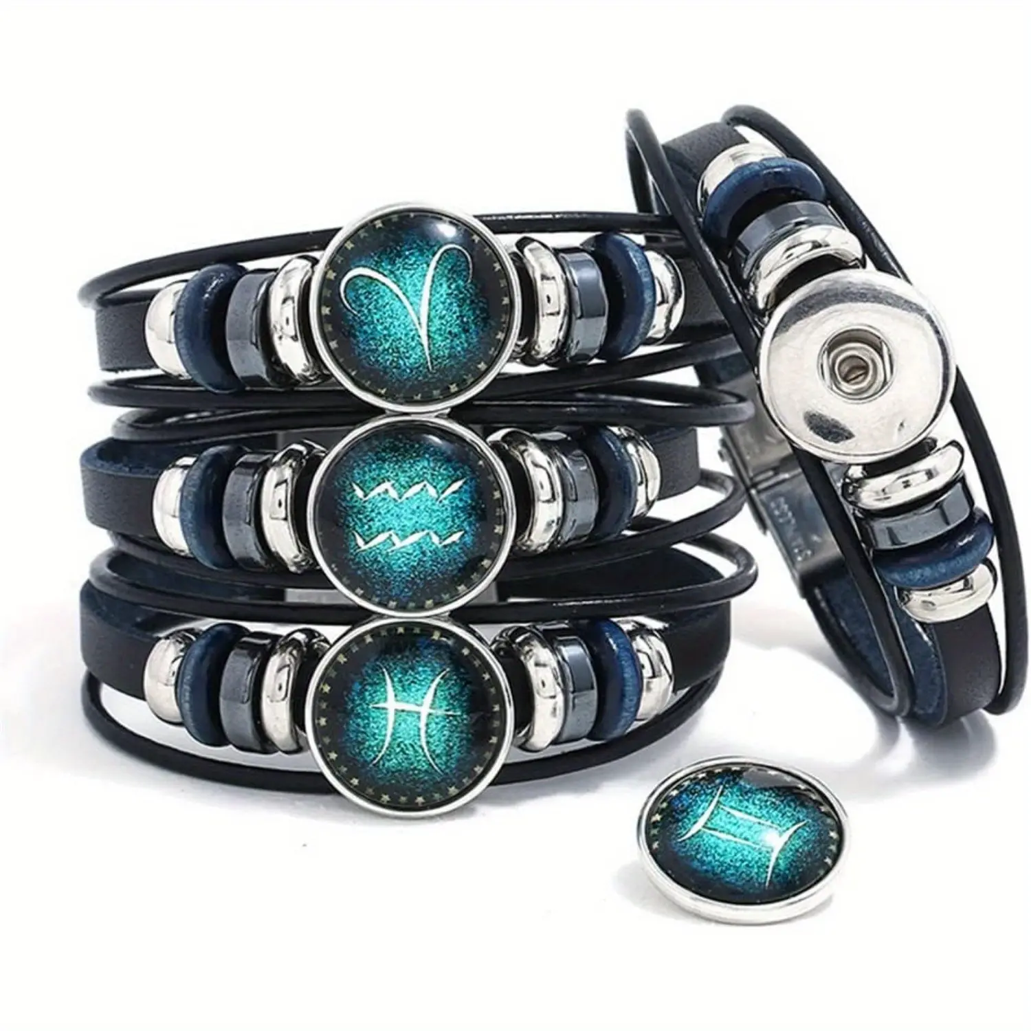 2-Piece Multi-Layer Leather Zodiac Bracelets for Women & Men, Adjustable Hand-Woven Wrap Jewelry for Couples, Valentine's Day Gift