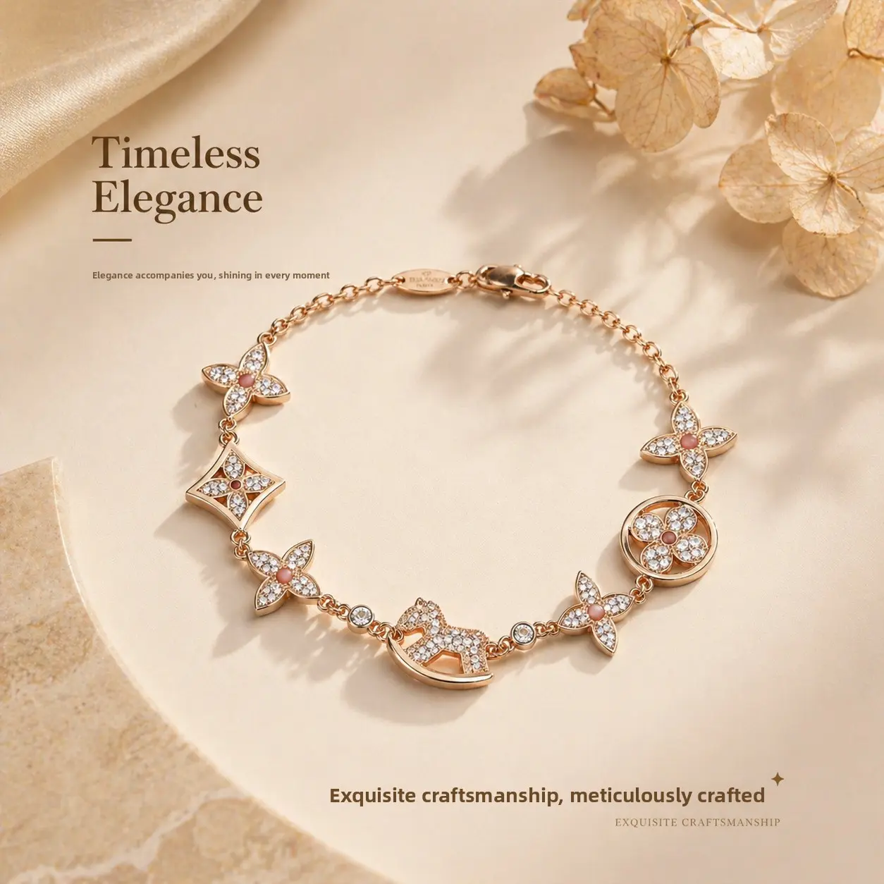 Women's Sparkle Cubic Zirconia Rocking Horse-4 Leaf Clover Charm Bracelet, Champagne Gold-Plated Copper Link Chain, Luxury Elegant Costume Jewelry Gift for Birthday, Anniversary