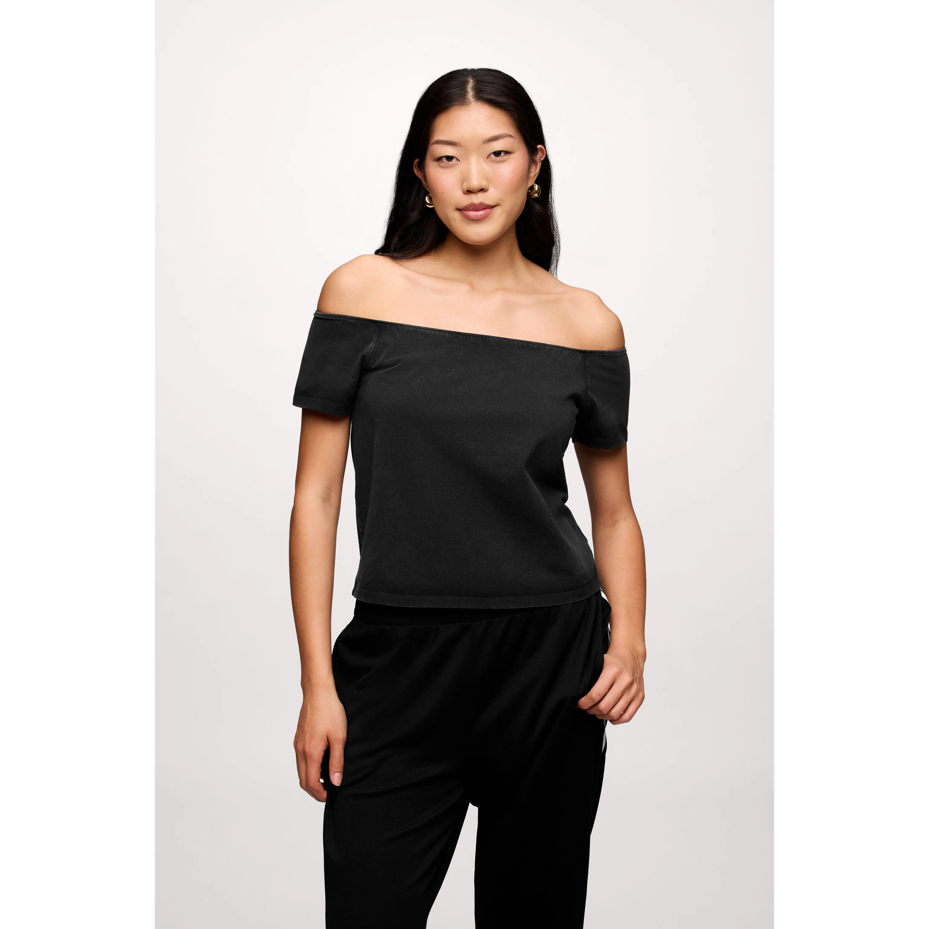 Women's Basic Tee, Relaxed Fit Off-The-Shoulder Short Sleeve Top in Stretchy Cotton Jersey with a Built-In Shelf Bra, Spandex, Shortsleeve, Cropped, Casual, Fabric, Tops For Women, Off Shoulder Women's T-Shirts
