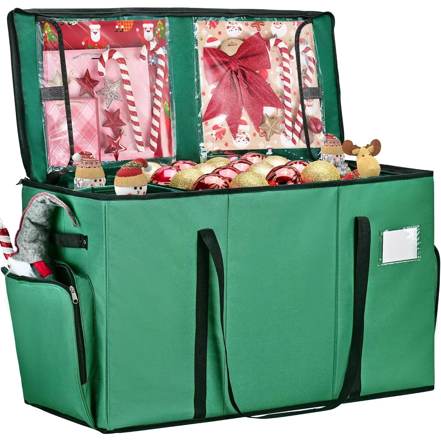 2-in-1 Christmas Ornament Storage Box & Xmas Figurine Container, Premium Christmas Ornament Storage Container Holds Up to 64pcs 3” Ornaments, Adjustable Dividers, 4 Individual Trays -Green