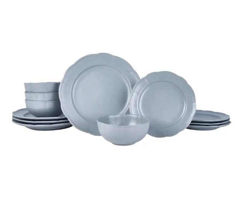 Beautiful Scallop Stoneware Dinnerware 12 Piece Set Cornflower Blue by Drew Barrymore