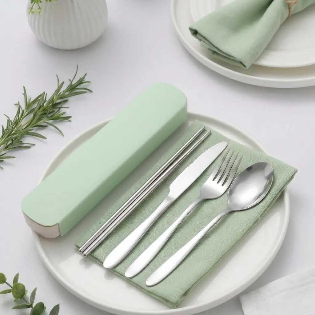 Portable Cutlery Set 4pcs Stainless Steel Silverware Set with Case for Meal Box Reusable Travel Camping Flatware Set Personal Utensil Sets for Camping Office School Picnic