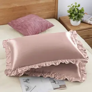 Ruffled Standard Satin Pillowca t of 2, Ro Gold Silky Satin Pillow Cas for Women Ruffle Pillow Shams Covers Princess Room Decoration, with Envelope Closure