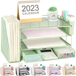 Desk Organizers and Accessories, Desk Accessories & Workspace Organizers for Office Supplies, File Organizer Desk Drawer Organizer with 2 Pen Holders, 4 Tier Paper Organizer for Desk(Green)