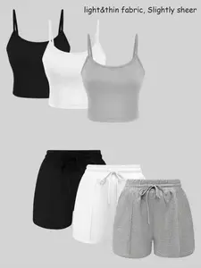 Women's Solid Ribbed Crop Spaghetti Strap Cami Top and Drawstring Waist Shorts Set, Casual Sleeveless Crop Tank and Shorts for Summer, Ladies Clothes for Daily Wear, Matching Clothing Set for Women, Minimalist, Tops Shorts Set, Summer Sets