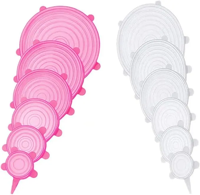 12-Piece Food Grade Silicone Stretch Lids Set (6 Sizes, Pink & White) - Airtight Kitchen Utensils, Freezer Safe Covers for All Shaped Containers to Keep Food Fresh