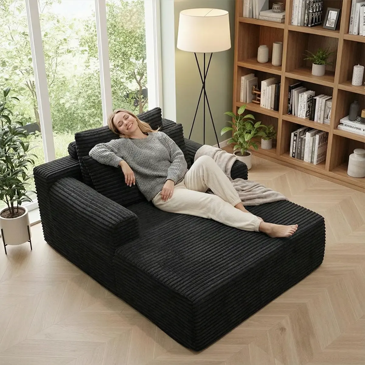 Convertible Sofa Bed Chaise Lounge - Soft Corduroy Upholstered Indoor Sleeper Seat, 48.24in Deep Seating Boneless Design, Modern No-Assembly Furniture with Cushion
