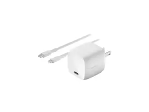 BELKIN WCH001DQ1MWH-B5 BOOST CHARGE White 30W USB-C GaN Wall Charger + USB-C to Lightning Cable