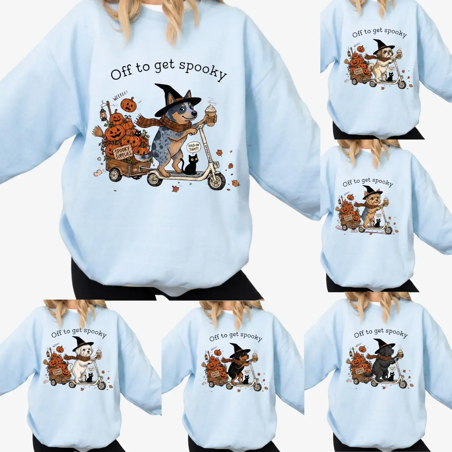 30+ Dog Breeds Halloween Dog Sweatshirt, Off to Get Spooky Puppy Coffee Graphic Pullover, Cute Fall Pet Lover Gift
