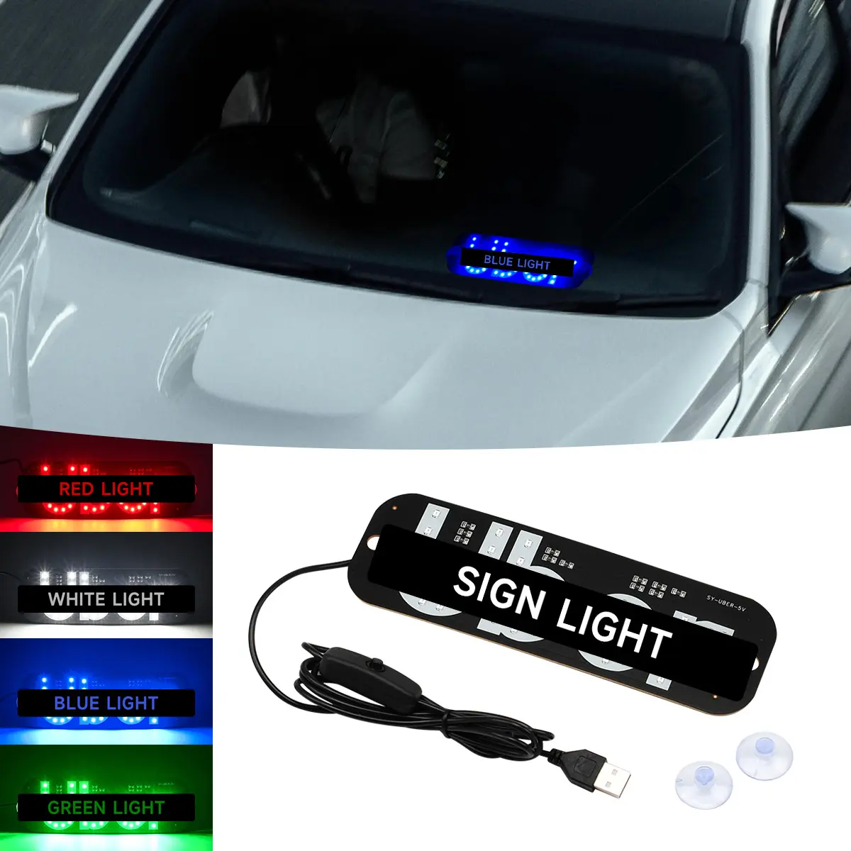 Green LED Windshield Sign Light with Suction Cup Mount, Car Sharing Indicator Decorative Lamp, Green Car Accessories, Automotive Decorative Accessories