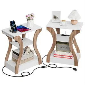 Set of 2 End Tables with Charging Station Narrow Nightstand Side Tables White