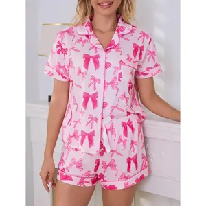 Cute Bow Pajamas Sets for Women 2 Piece Button Up Short Sleeve Nightwear Lounge SleepwearC28ChicLadyHub