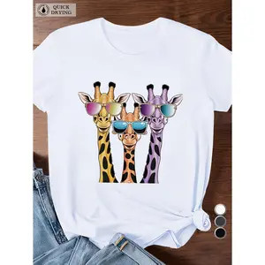 Women's Plus Size Knit Round Neck Short-Sleeve Polyester Streetwear T-Shirt with Cartoon Giraffes & Sunglasses - Breathable, Fun Trendy Design - For Casual Wear, Exercise - Great Gift