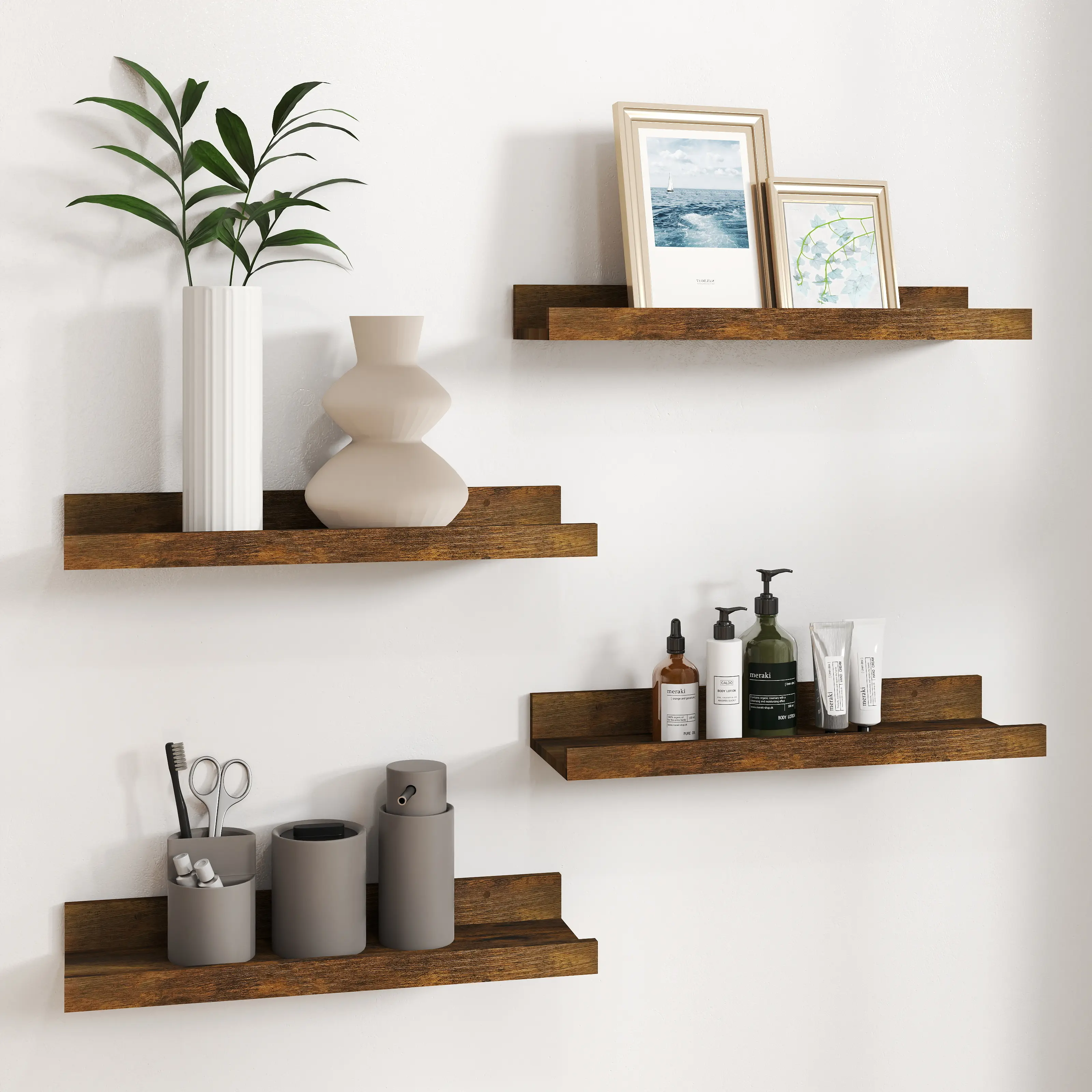 Minimalist Design Wooden Farmhouse Floating Shelf Set (1 or 4 Shelves, 5.5x15.75"), Raw Wood Picture Ledge with Lip, 15-20kg Load, Wall-Mounted Non-Adhesive Indoor Cupboard, Easy-Install Bathroom Organizer Kitchen Prep Station Wall Decor Storage Furniture