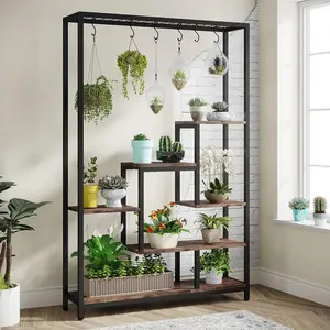 Tribesigns Large 5-Tier Tall Indoor Plant Stan with 10 PC S Hanging Hooks Organiser Metal Rack Shelf Decoration