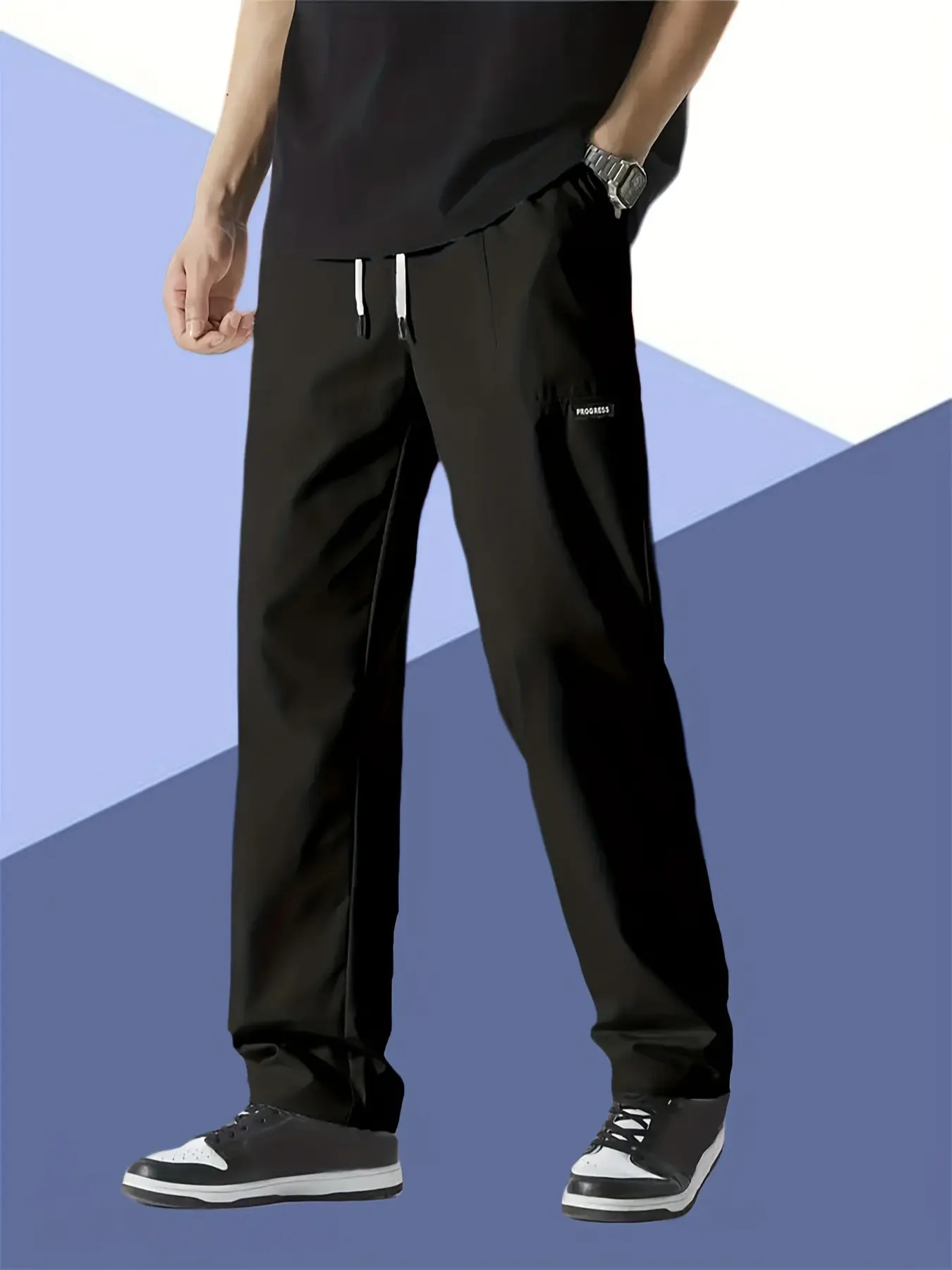 Men's Straight Leg Pants High-Stretch Elastane Fabric Drawstring Waist Casual Relaxed Fit for Work Travel, Preppy, Woven, Casual Outdoor Slacks, Long, Soft, Stylish, Straight Cut, Holiday, Letters, High Waist, Loose-Fit, Pocket Ready