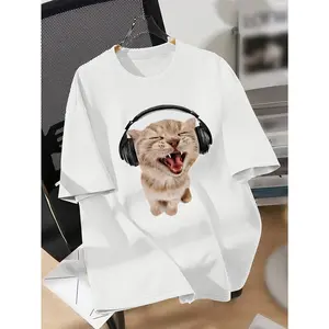 Women'S Funny Cat with Headphones T-Shirt, Casual Crew Neck Short Sleeve Tee, Summer Knit Fabric Top, Regular Length, Animal Print Design