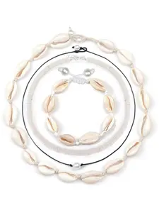 4 Pcs Beige Handmade Cowrie Shell Necklace Bracelet Set for Women Men Boho Accessory for Surfing Daily Wear Bohemian Beach Shell Jewelry Adjustable Hawaiian Surfer Choker Anklet Summer Vacation Beach Jewelry Set Elegant Jewelry Set