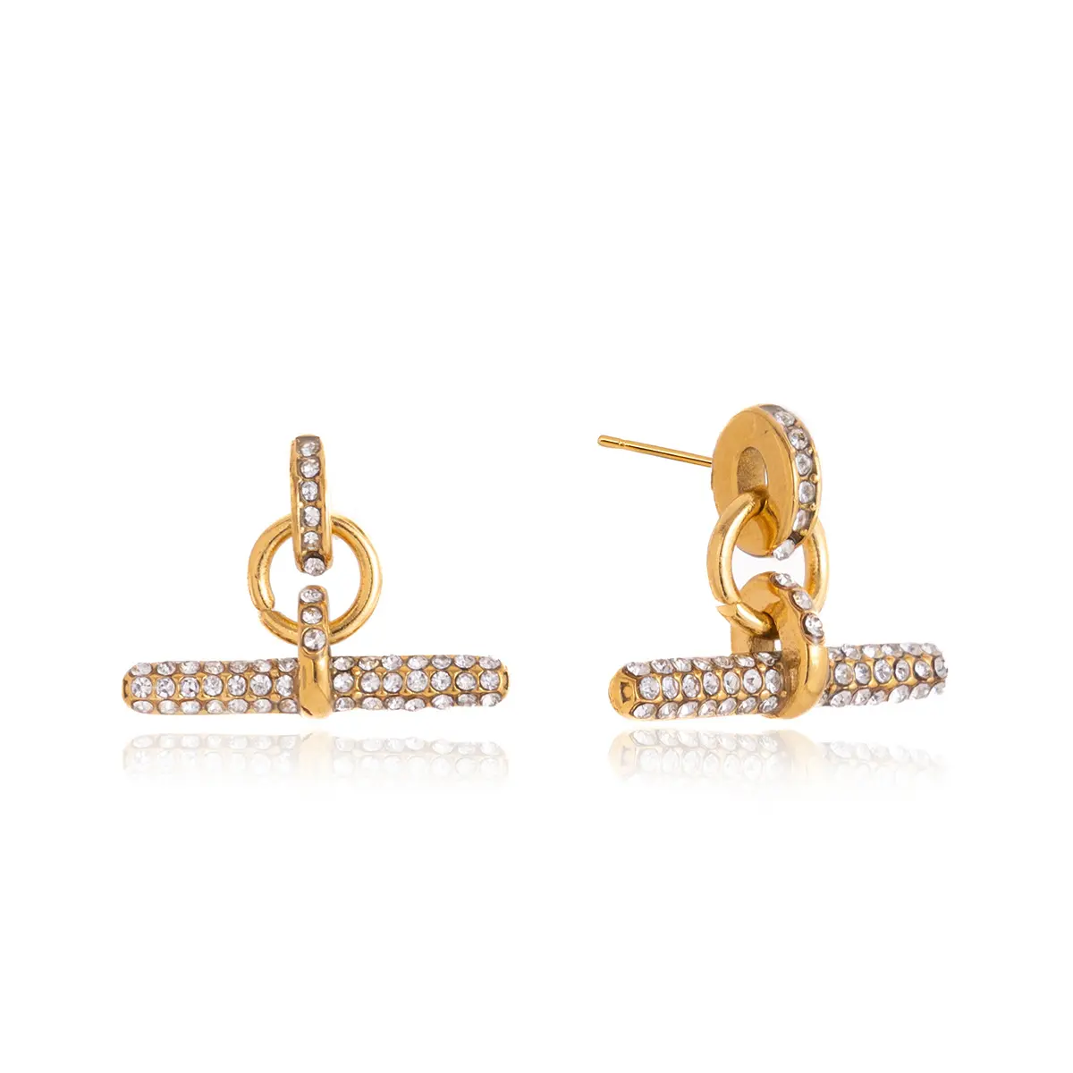 QUEENDO Geometric Interlocked Toggle Drop Earrings - Pave-Stone Inlaid T-Bar Linked Ring Design, Polished Gold-Tone Finish, Layered Statement Style, Versatile Stackable Jewelry Gift for Daily & Party Wear.