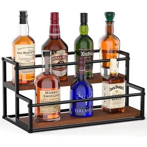 2 Tier Liquor Bottle Display Rack Holder for Wine Whiskey Organizer Ideal for Kitchen Countertop and Bar Use