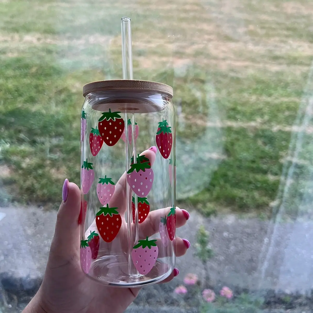 Pink & Red Strawberry Glass with Lid & Straw