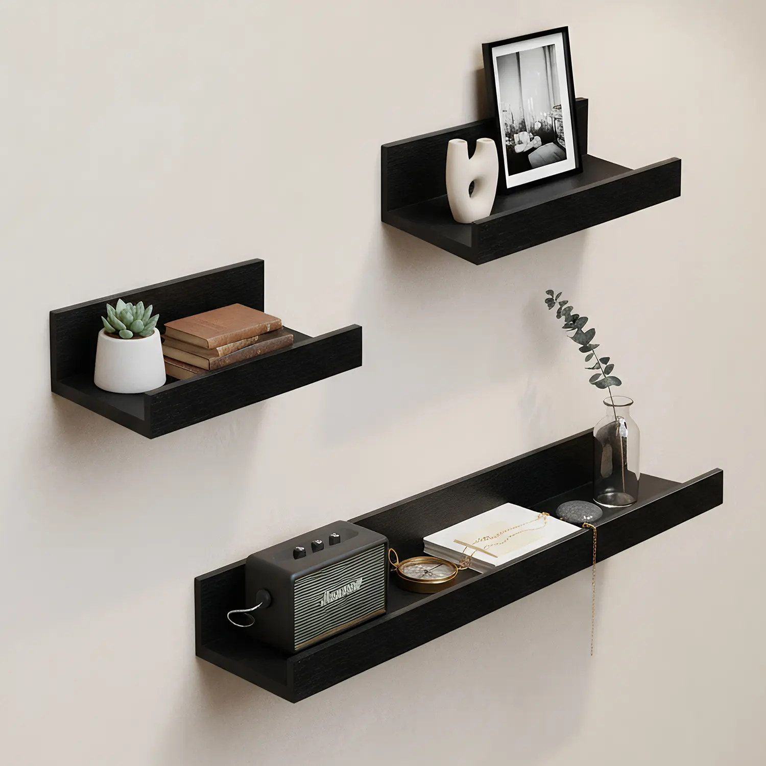 Spaco Black 23.6in Maple Corner Floating Shelves Set - 3 Shelves, Invisible Brackets, Wall-Mount Design, Chic Durable Organizer for Bedroom, Kitchen