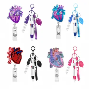 Expandable Badge Reel with Anatomical Heart Design, Nurse Badge Reel, Includes Mini Fluorescent Pen, Permanent Marker, Ballpoint Pen, Ideal for Hospital Staff