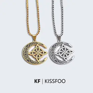 KISSFOO Stainless Steel Moon Celtic Knot Cross Necklace Protection Accessories for Men and Women