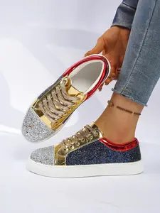 Women's Colorblock Sequin Lace-Up Board Shoes Trainer, Glitter Metal Texture, Street Style, Casual All-Season Footwear, Eye-Catching Daily Wear