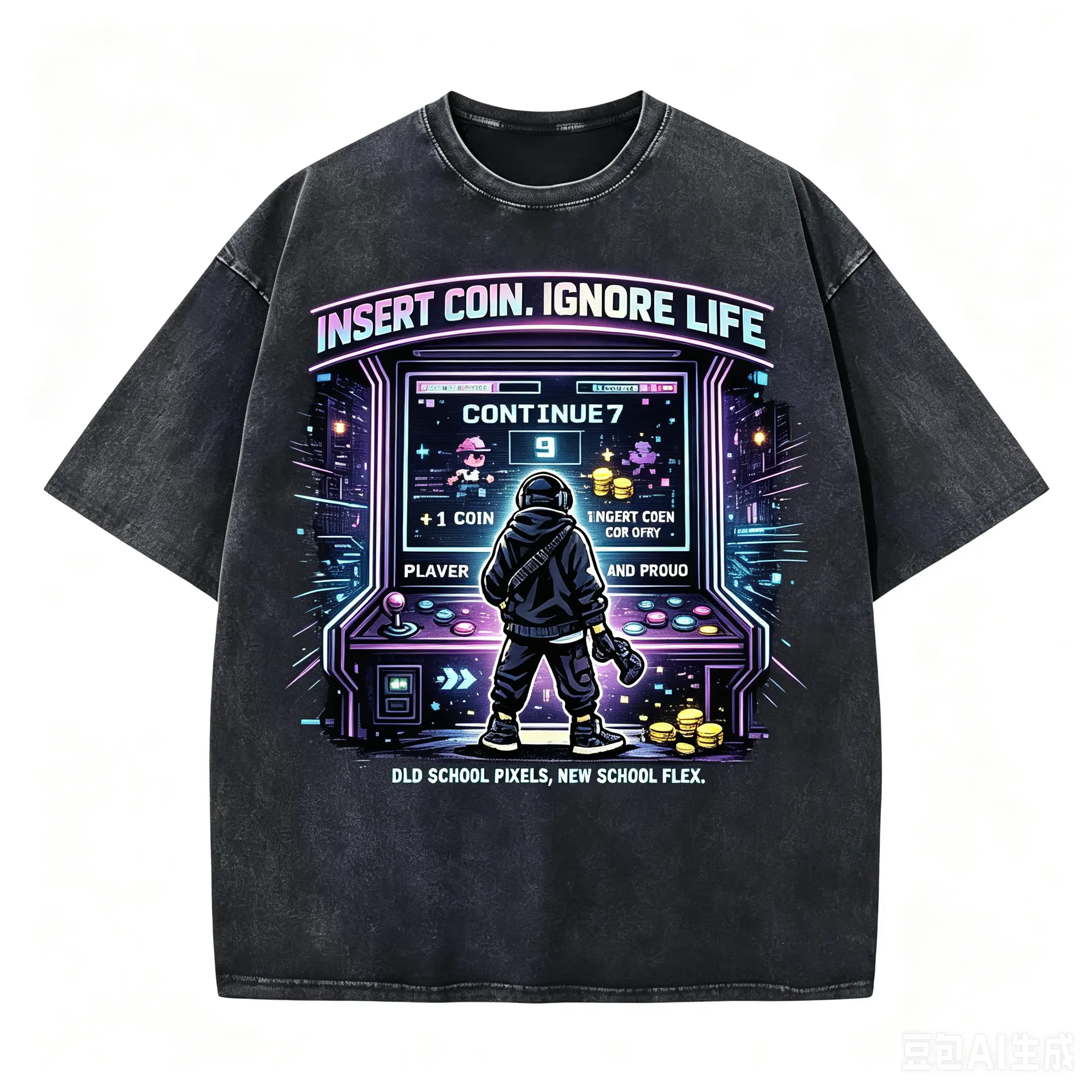 Men's Short-Sleeve Retro Arcade Gaming Vintage Washed Black Oversized Sports T-Shirt - Cyberpunk Style, Neon Game Print, Casual Streetwear Top for Gamers' Daily & Summer Outfits