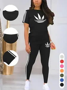 Women's Printed Casual Sporty Round Neck Drawstring Short Sleeve and Long Pants Two-Piece Set, Fitted Letter Pattern, Summer, Athleisure Wear Set