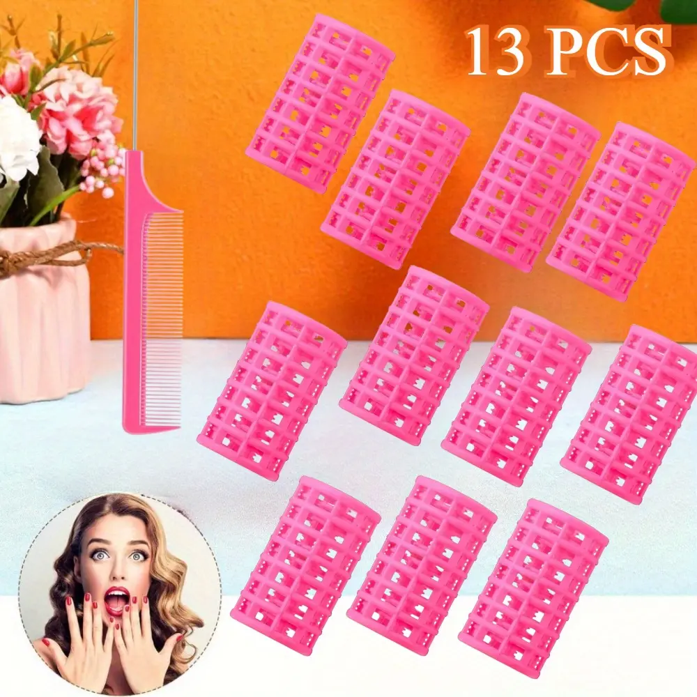 12pcs Manual Plastic Hair Rollers & 1 Comb Heatless Styling Kit - Durable, Easy-to-Use Curly Hair Styling Tools (6.8cm x 3.6cm/2.68in x 1.42in, Pink)
