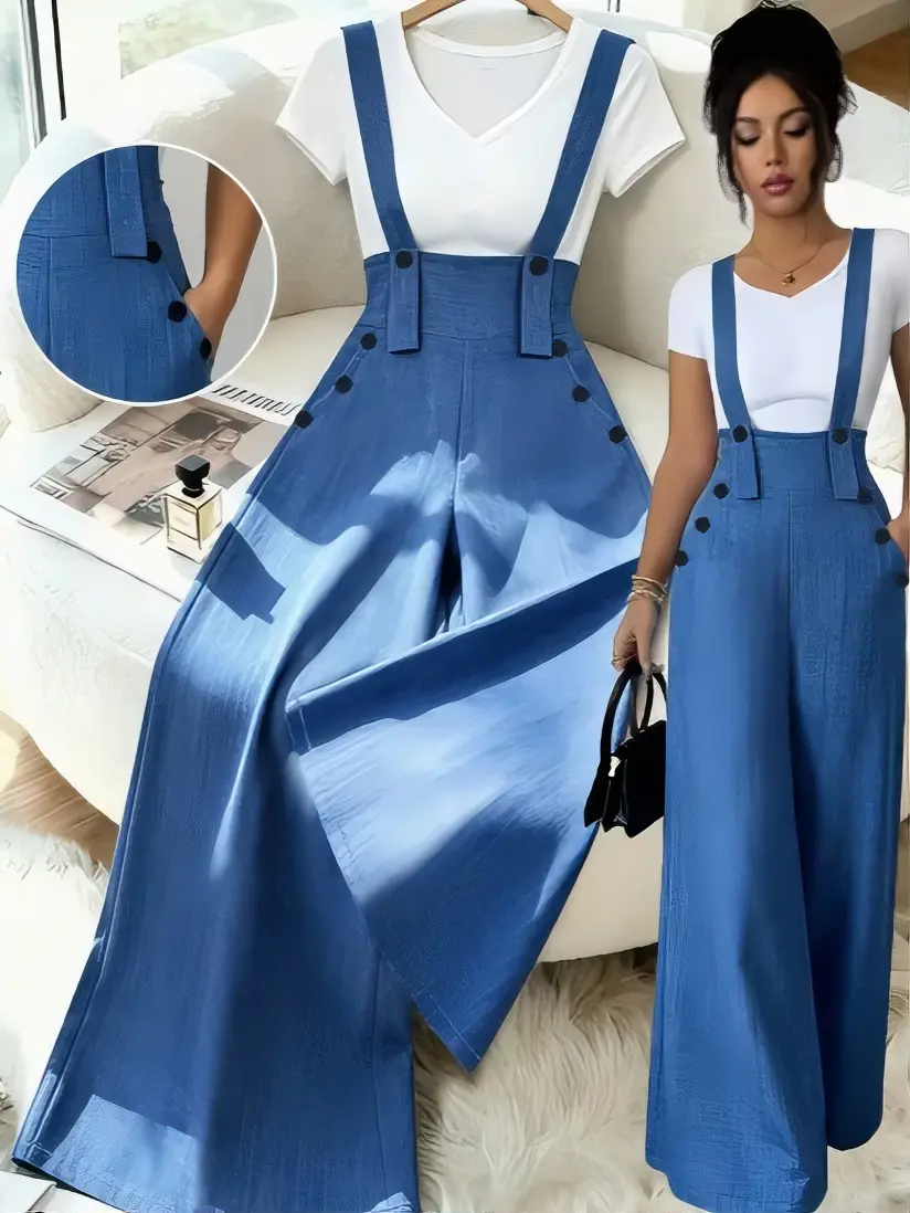 Blue Denim Overalls with White T-Shirt - Comfortable & Stylish