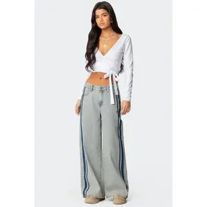 Side Stripe Washed Low Rise Baggy Jeans