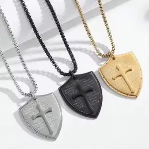 Stainless Steel Shield of God Ephesus Cross Jesus Bible Necklace Armor of God Pendant Men's Faith Amulet Jewelry