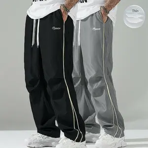Men's 2-Pack Summer Loose-Fit Track Pants - Athleisure Sweatpants, Long Length, Lightweight 100% Polyester Soft Fabric, Large Cut, Gray with Gold-Accented Side Strips, Gym & Casual Mens Fashion Bottoms