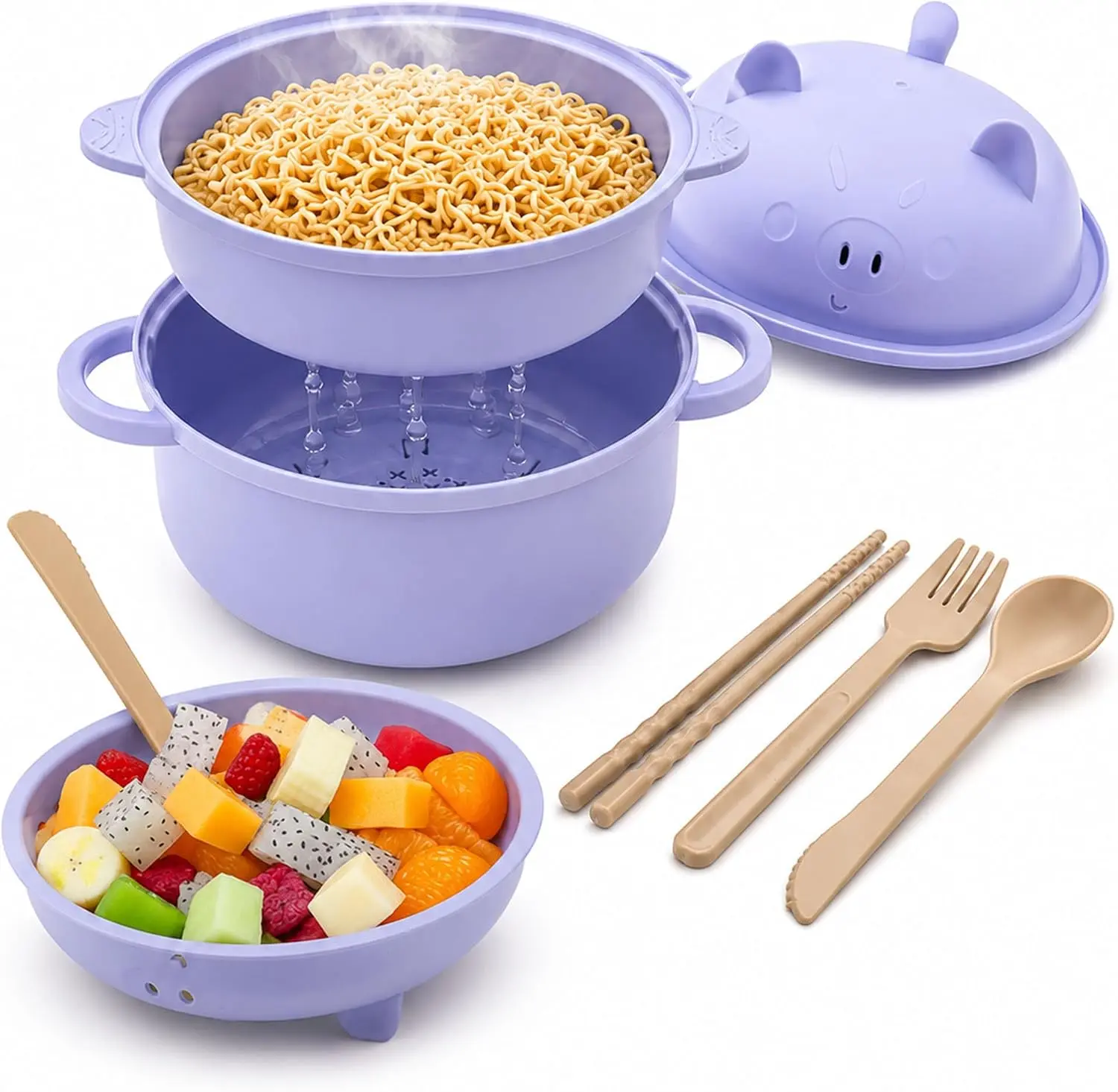 Microwave Safe Fun Pig Shape Ramen Bowl Full Set (45oz/1300ml) - Kitchen Tableware with Strainer Lid, Ergonomic Handle, Spoon, Fork, Chopsticks for Home Cooking