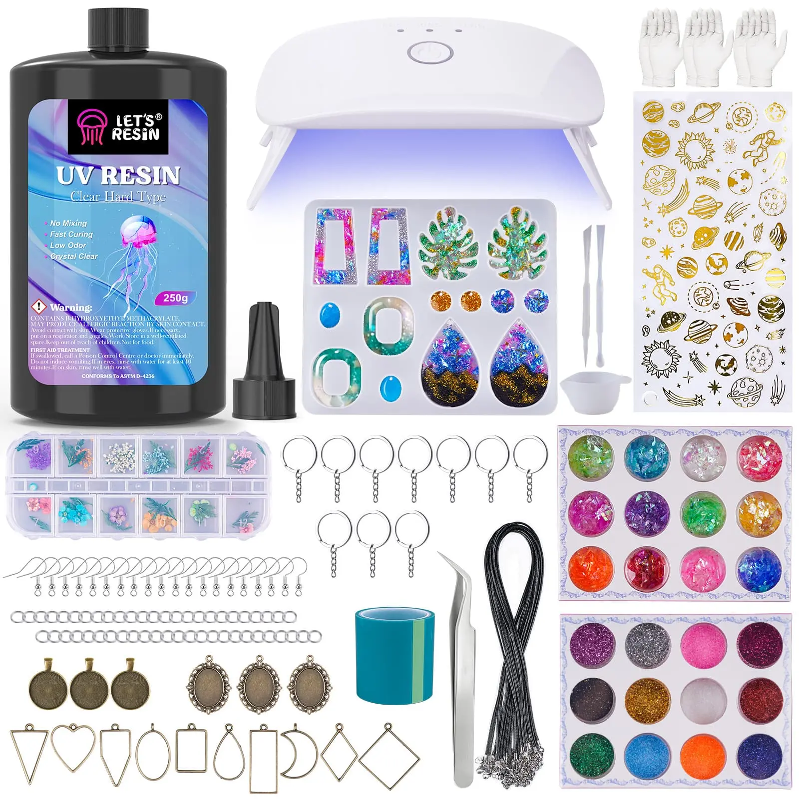 LET'S RESIN UV Resin Jewelry Making Kit - 153Pcs Crystal Clear 250g UV Resin Kit with Light, UV Resin Molds, Resin Starter Kit for Beginners, Beginner-Freindly Keychain & Earring Making, Craft Decor, Christmas Gift