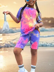 Girl's Tie Dye Print Short Sleeve Tee & Elastic Waist Shorts Set, Casual Round Neck T-shirt & Shorts, Kids Summer Clothes for Daily Wear Clothing Sets