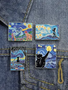 Van Gogh Starry Sky Art Painting Pattern Brooch, Drop Set Pins, 4 Counts Cute Cat Graphic Alloy Badge for Daily Clothing Decor, Trendy All-match & Exquisite Brooch for Birthday Gift, Men Accessories