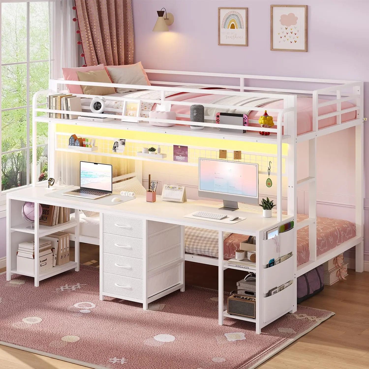 ADORNEVE Bunk Bed Twin Over Twin with 2 Person Desk and Power Outles LED Bunk Bed with 4 Drawers Storage Rack and 4 Shelves Metal Bunk Beds with Guardrai,dorm essentials,home decor