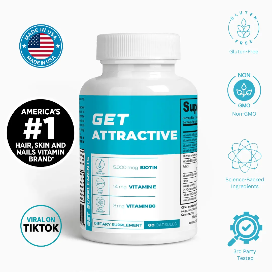 GET ATTRACTIVE Supplements - Natural Vitamin Nail Biotin Beauty 5000 mcg Biotin 14 mg Vitamin E 8 mg Vitamin B6 Third Party Tested for Hair Skin & Nails