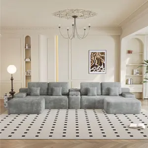 150''Width 5-piece Sectional Sofa with 2 Ottomans,Comfy U-shaped Sofa Couch for Living Room,Light Grey Plush Corduroy Fabric