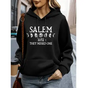 Men's Vintage 1692 Salem Witch Trials Graphic Hoodie, Casual Long Sleeve Active Athletic Pullover, Cozy Sweatshirt with Geometric Alphabet Print & Drawstring Hood for Fall Winter