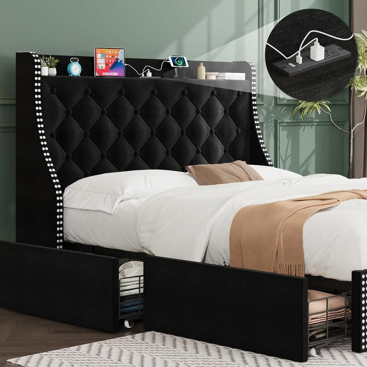 Black Iron High Strength Bed Frame with 4 Hidden Storage Drawers, Wing Back Headboard, USB Port Charging Station, Diamond Cluster Design - No Spring Box Needed, Iron Headboard Bed Frame, Iron Bed Frames