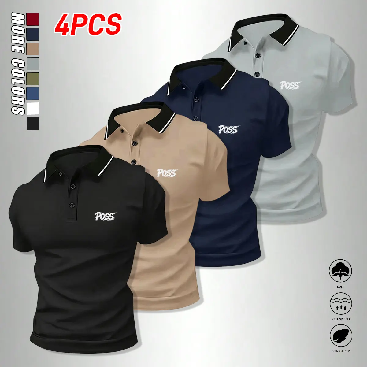 4PCS Men’s Fashion Sports Casual Short-Sleeve Polo Shirt with Premium Front Buttons, Summer Top Suitable for Business, Golf, and Tennis Training