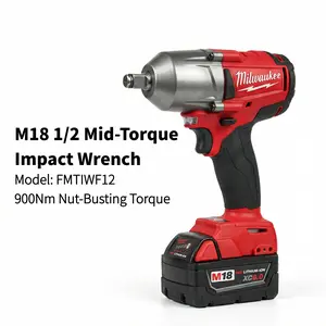 Milwaukee M18 FMTIWF12 18V 1/2-inch Square Shaft Impact Wrench, with a torque of up to 900 Nm and a bolt capacity of M22, a professional power tool with a speed of up to 2400 rpm, suitable for heavy-duty automotive repair and industrial maintenance tasks.